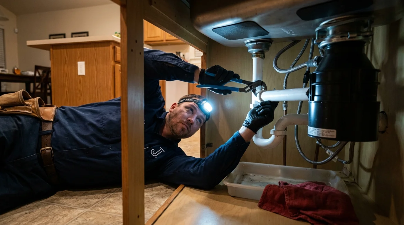 P-trap and supply line connections under a kitchen sink showing a common leak point in Kekaha, HI